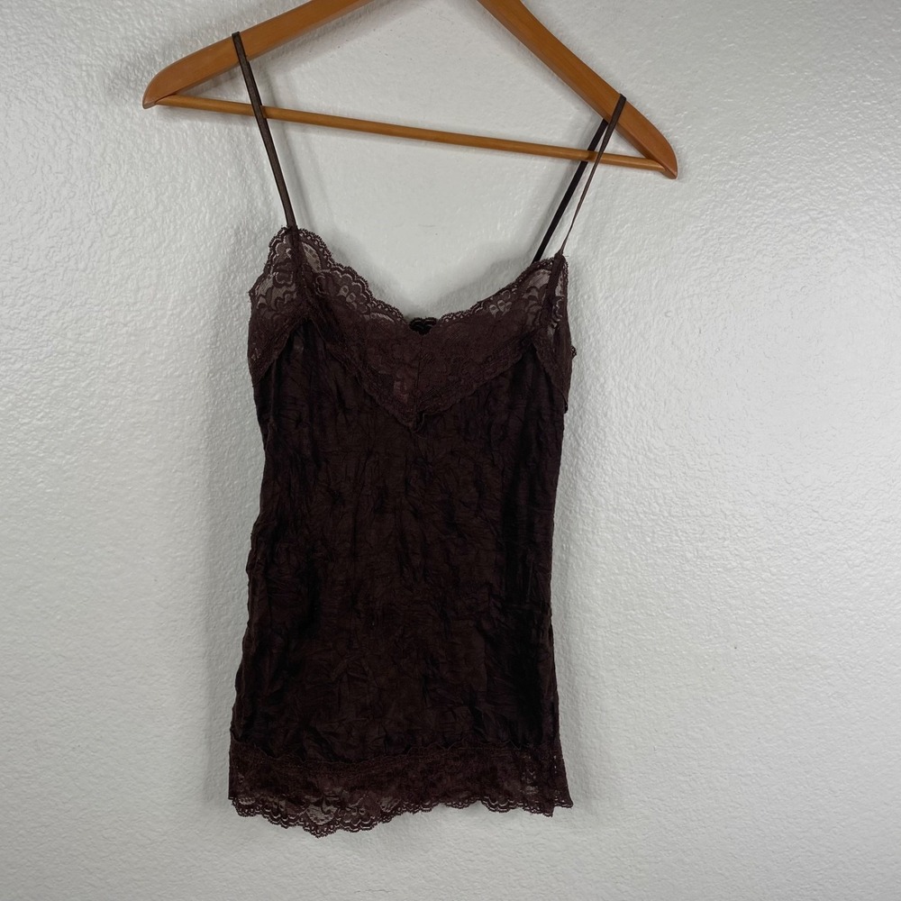 Xhilaration Cami Top Brown Sz S Lace Trim Y2K Fairy Grunge Boho Crinkle